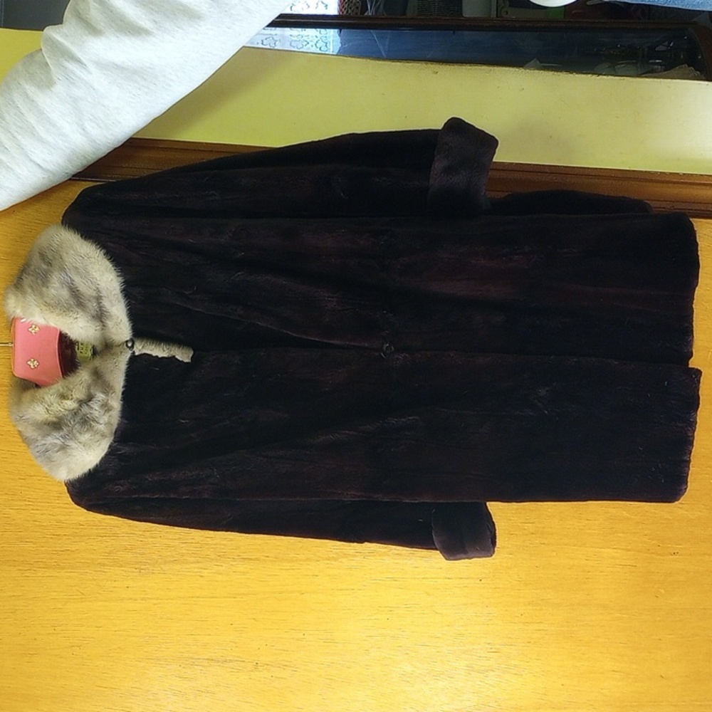Flemington Fur chocolate brown fur coat with tan mink collar, satin lining - Picture 2 of 6
